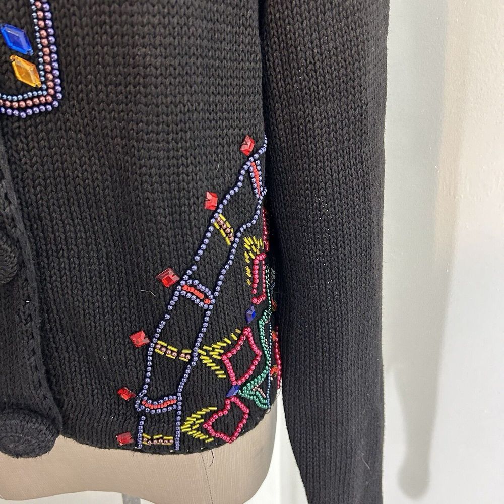 Vintage New York‎ News 1980s Boxy Beaded Black Cardigan Sweater Medium - Picture 3 of 11